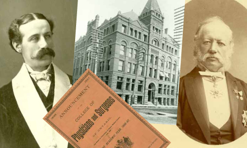 Collage of photos, including two physicians, the original building and a CPSO document